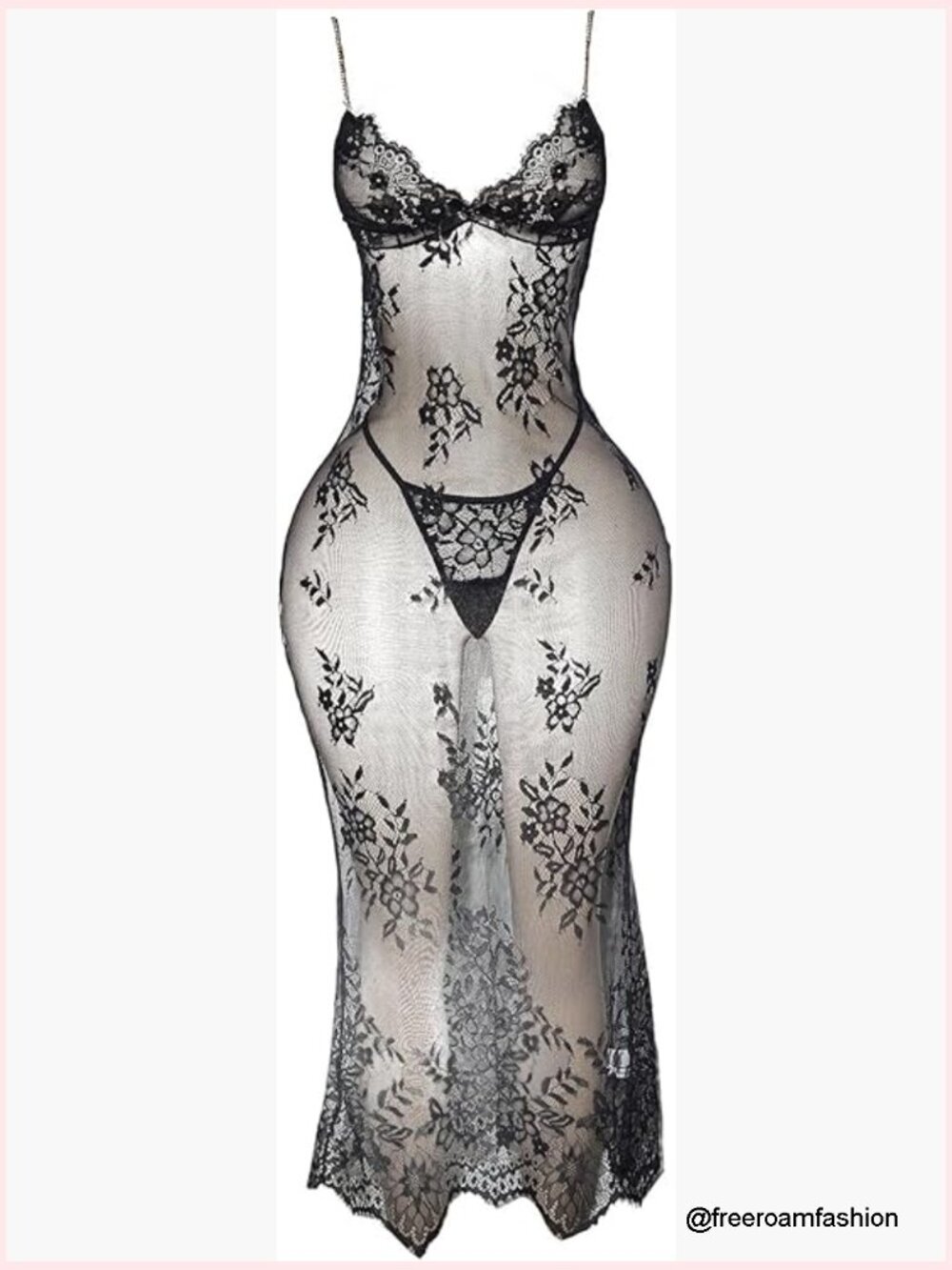 Floral Lace Chemise with G-String Thong Set, Sheer Mesh Lingerie Dress